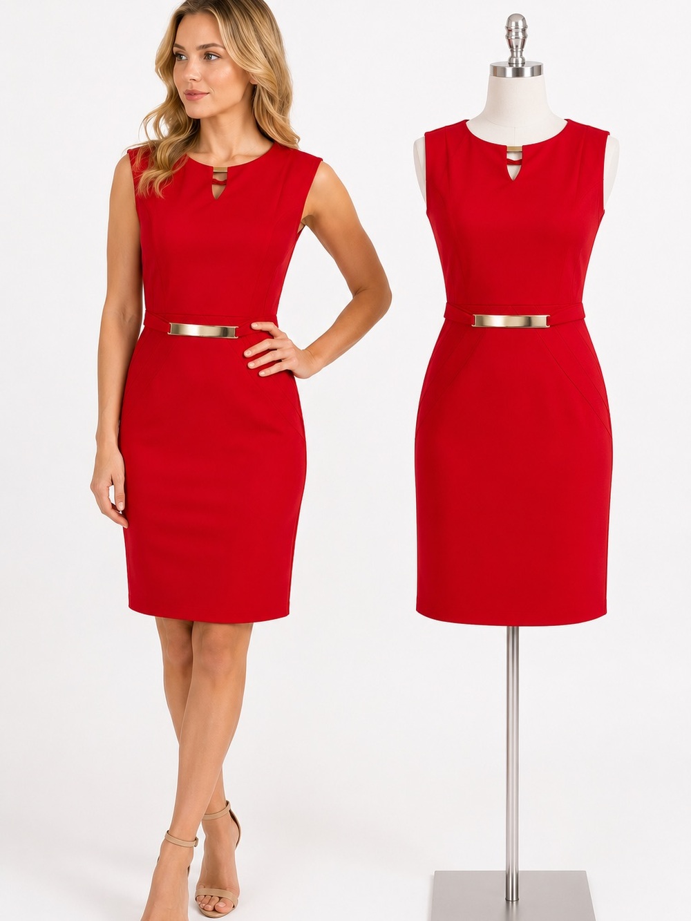 Red Sleeveless Sheath Dress with Gold Accent Belt